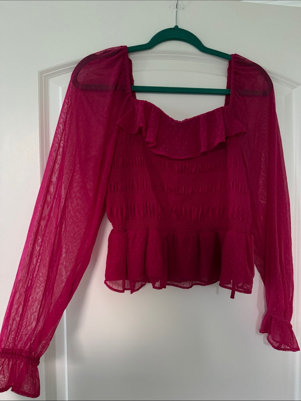 Ruffled Sheer Long-Sleeve Cropped Blouse - Fuchsia Pink